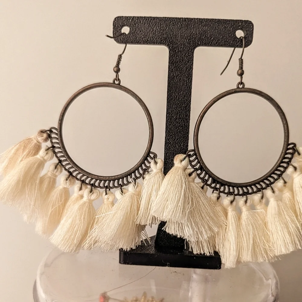 Elegant Cream Tassel Hoop Earrings